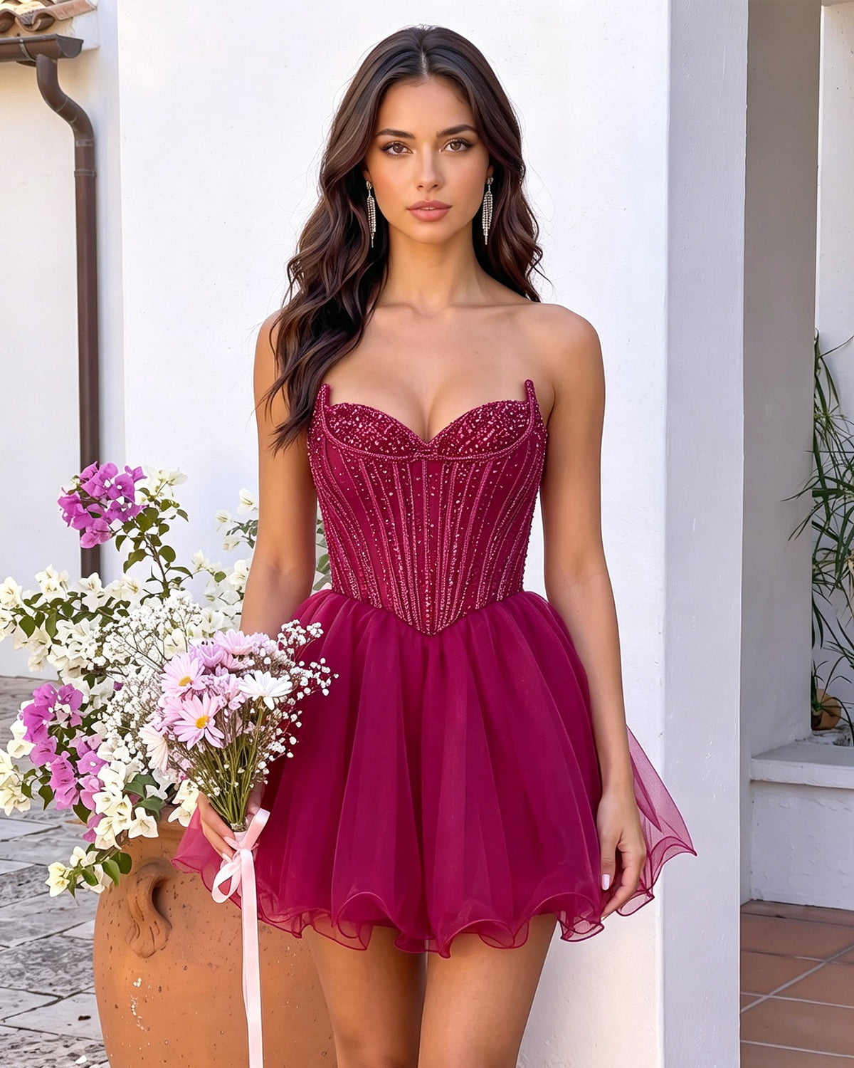 Red strapless corset mini dress with beaded sweetheart bodice and tulle A-line skirt