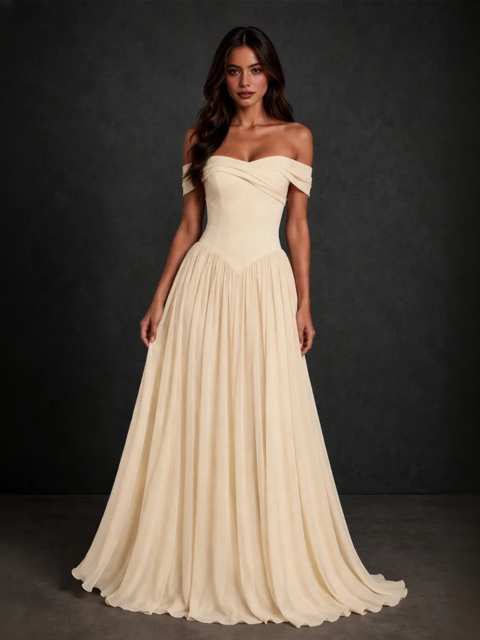 Corset sweetheart A-line floor-length dress in champagne with gathered skirt