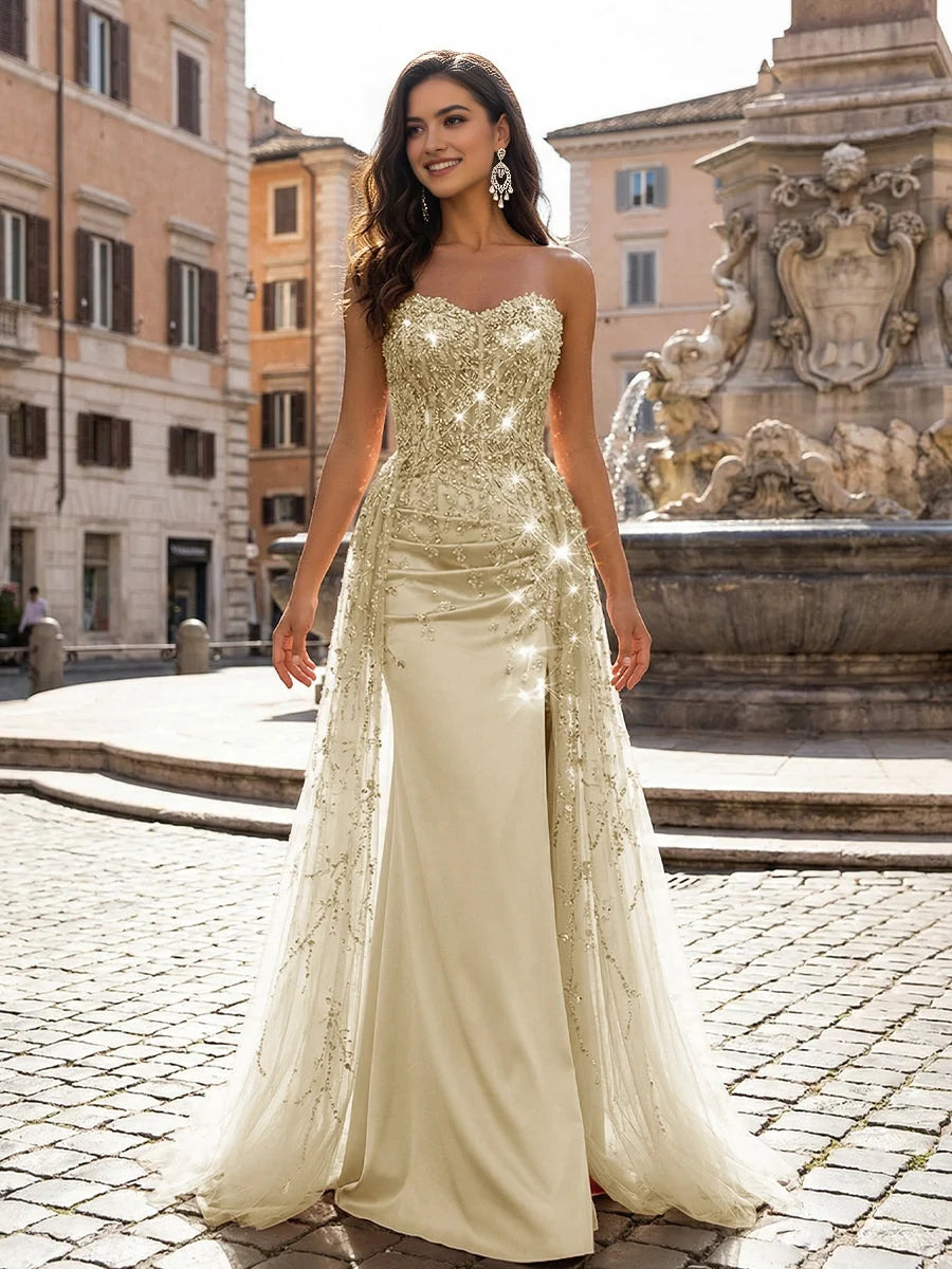 Champagne gold sweetheart mermaid prom dress with beaded sequin bodice and satin maxi skirt