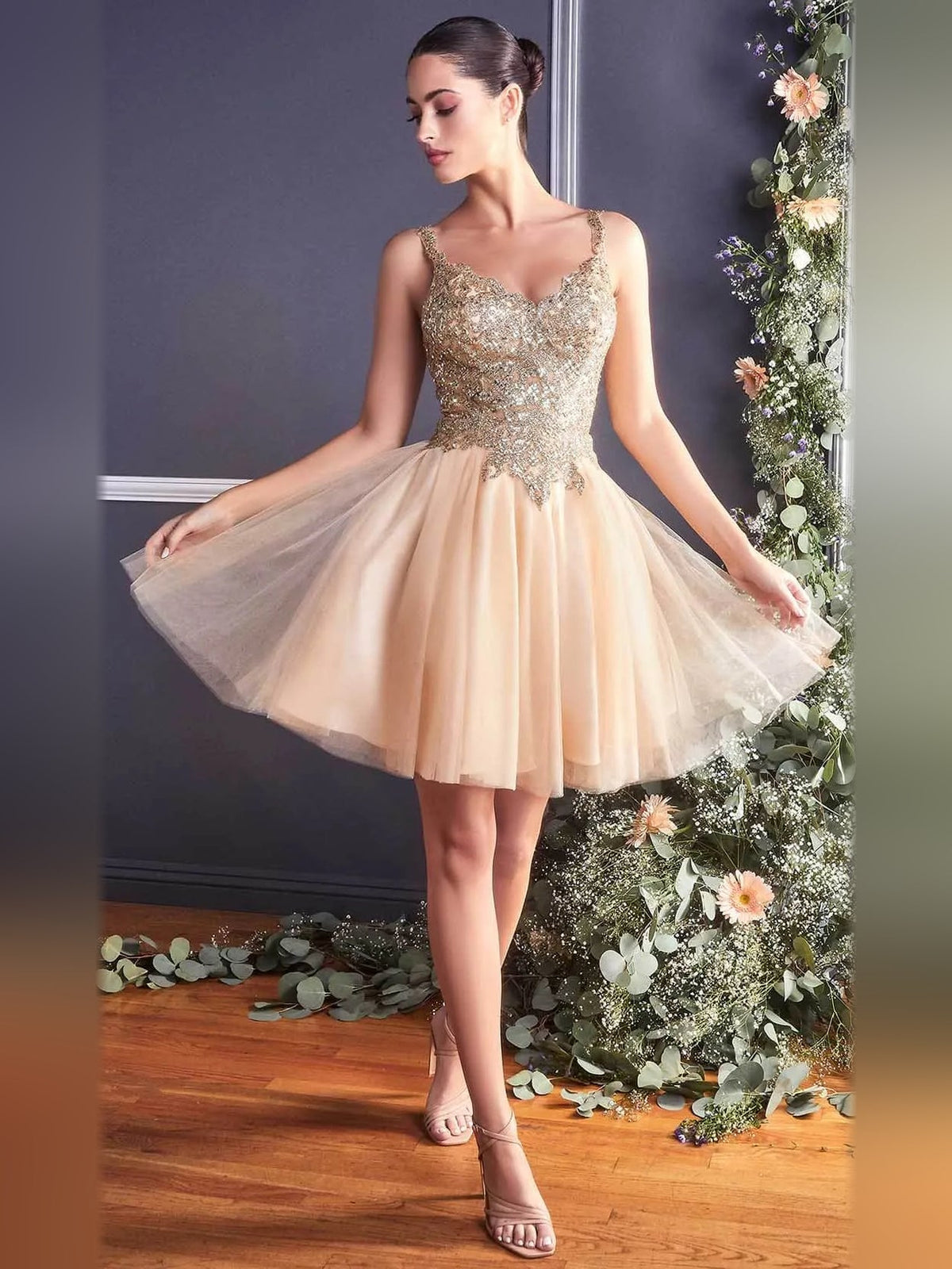 Champagne mini tulle homecoming dress with scalloped beaded glitter bodice and A-line skirt