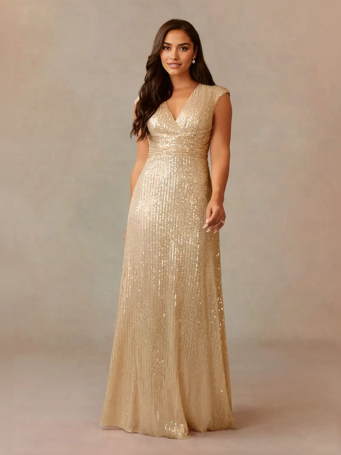 Champagne sequin formal dress with V-neck ruching and sleeveless bodice, full front