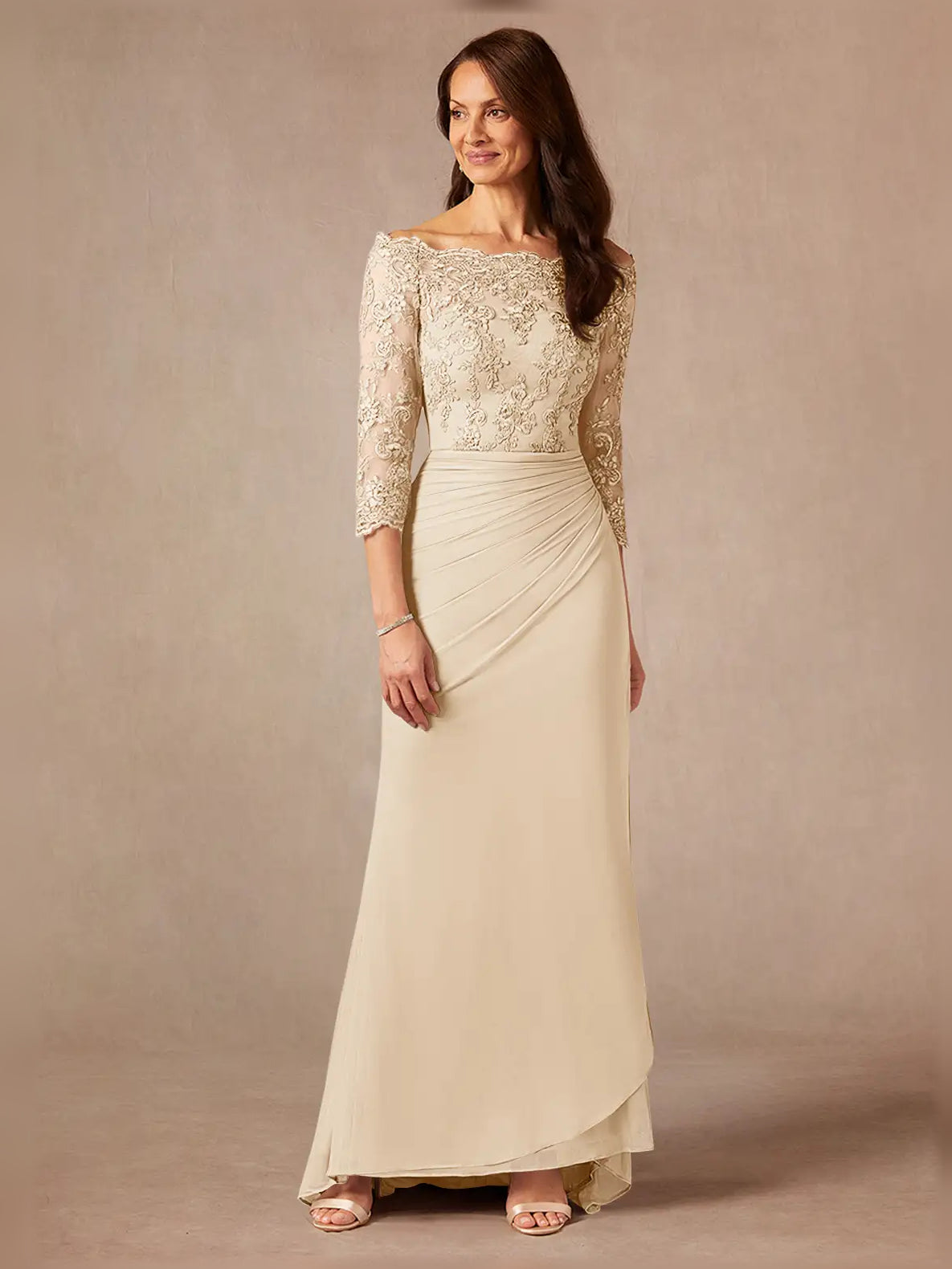 Champagne ruched off-shoulder lace sheath maxi dress with 3/4 sleeves