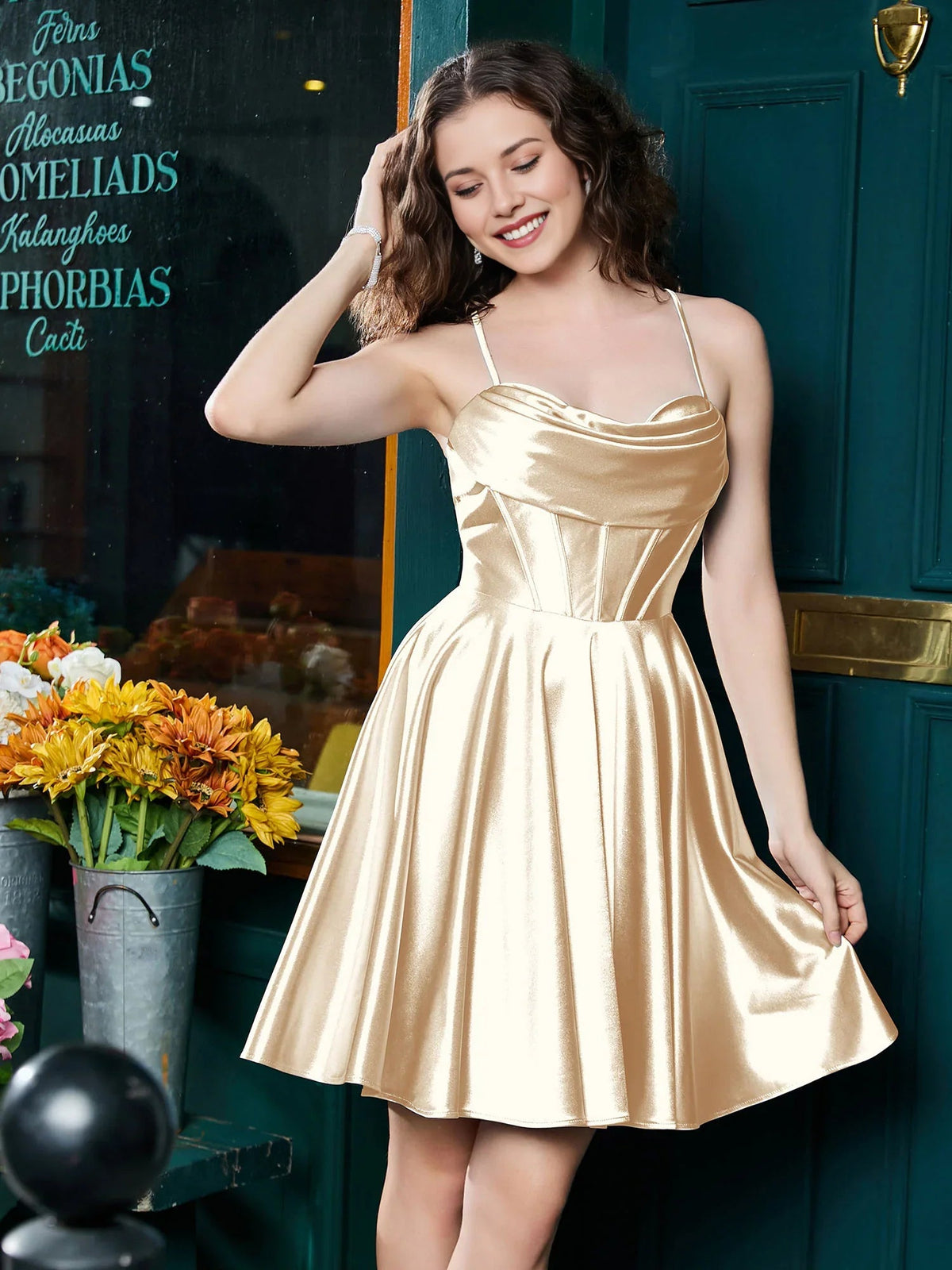 Ivory satin A-line mini dress with corset bodice, cowl neckline, thin spaghetti straps