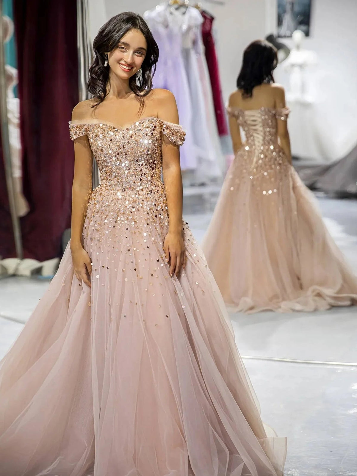 Champagne off-shoulder corset ruffle dress with sequined bodice and tulle skirt