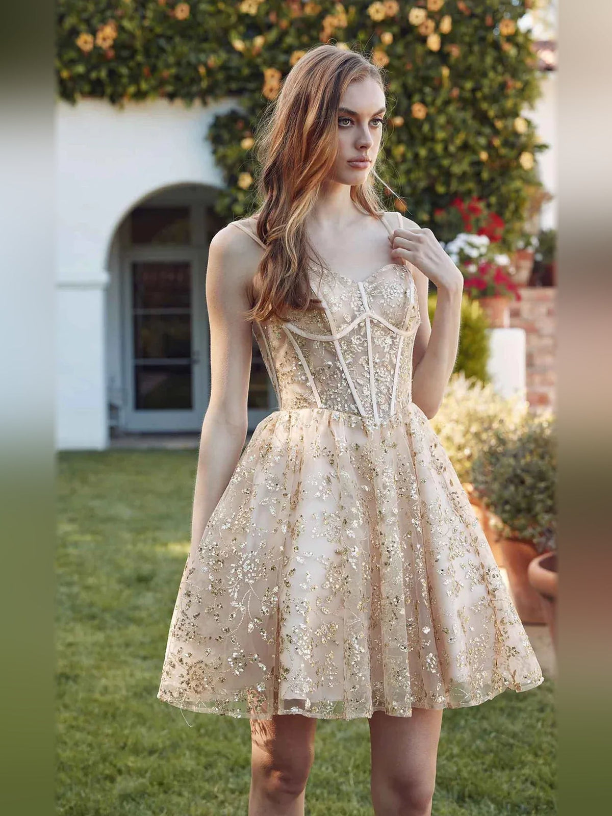 Champagne sequin corset A-line mini dress, square neckline, floral pattern