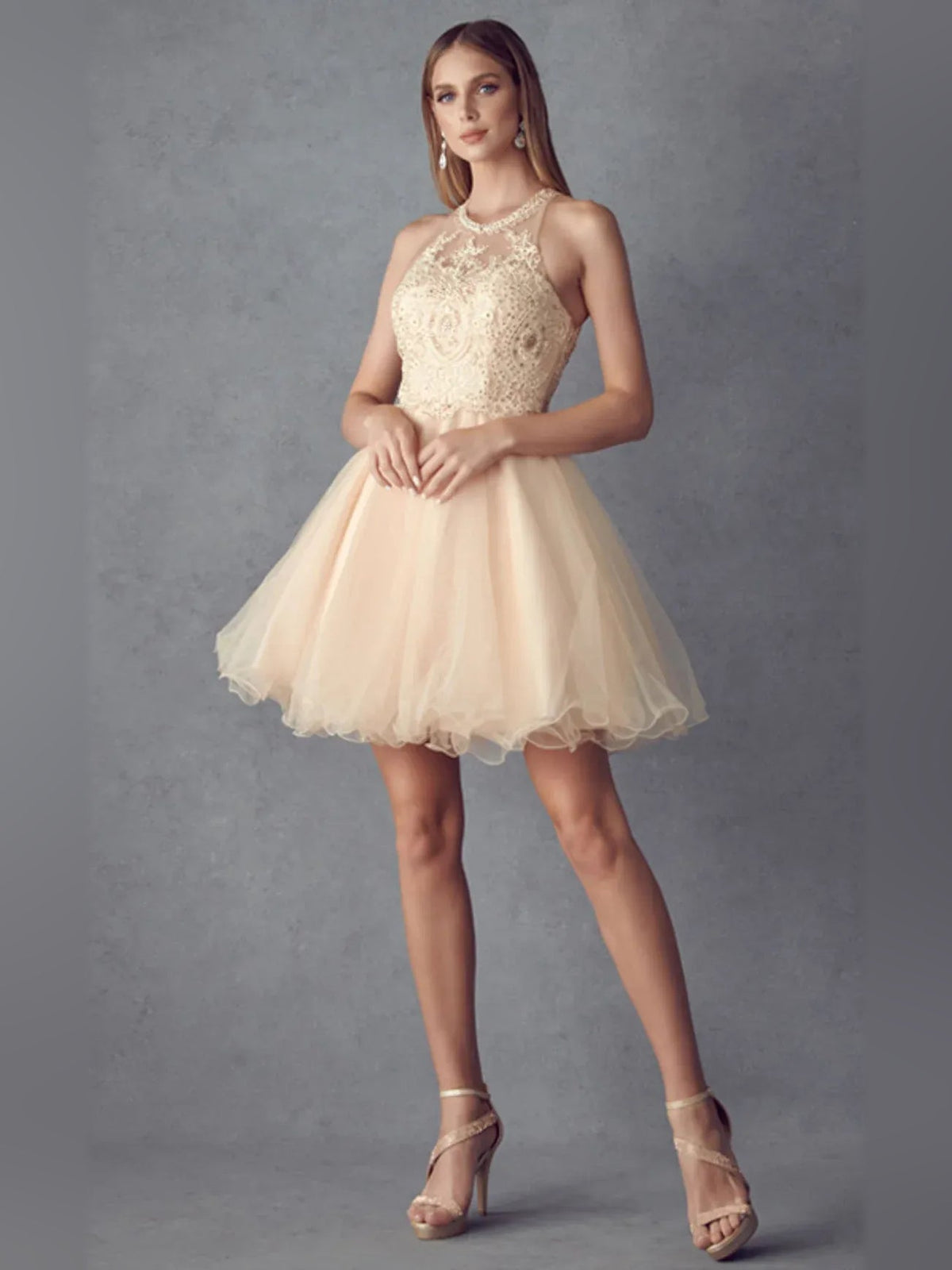 Champagne beaded halter A-line short tulle homecoming dress with jeweled neckline