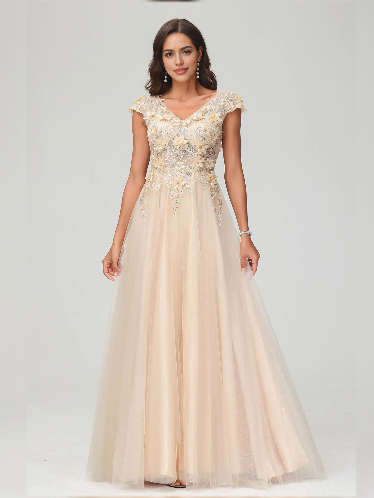 Champagne floral appliqué V-neck floor-length formal dress