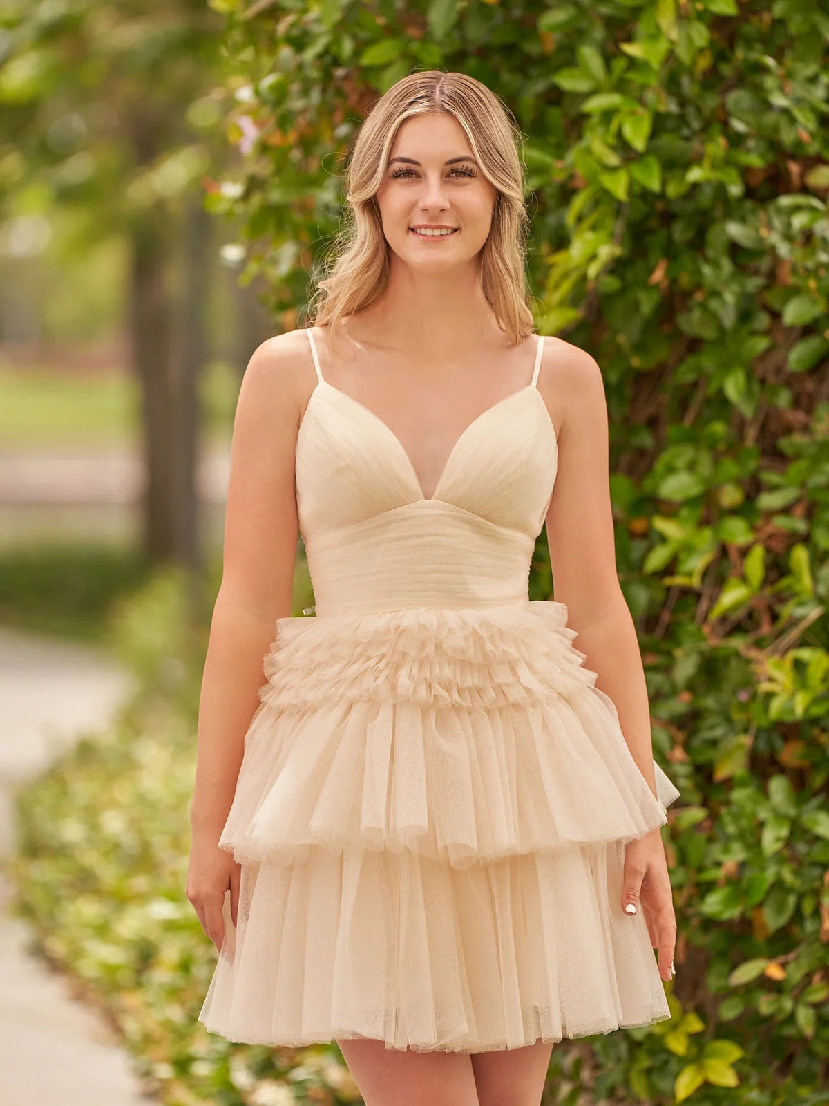 Champagne mini tulle dress with V-neck, spaghetti straps, layered ruffle skirt, A-line