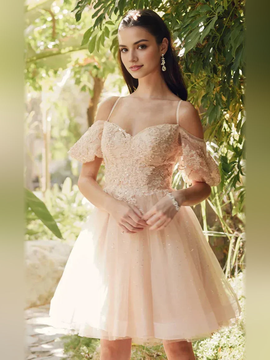 Champagne glitter sweetheart A-line short dress with off-shoulder lace bodice