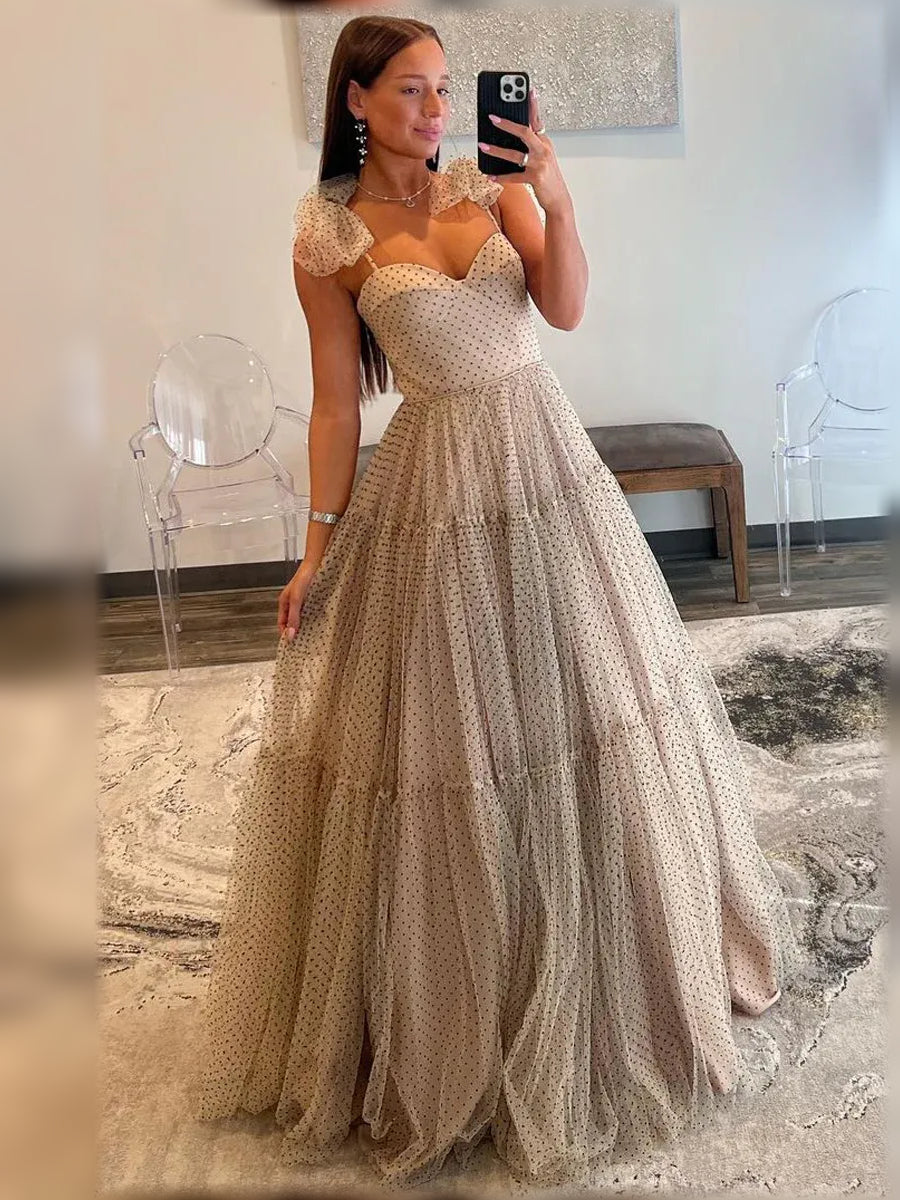 Champagne sweetheart floor-length formal dress with cap sleeves and tiered ruffles