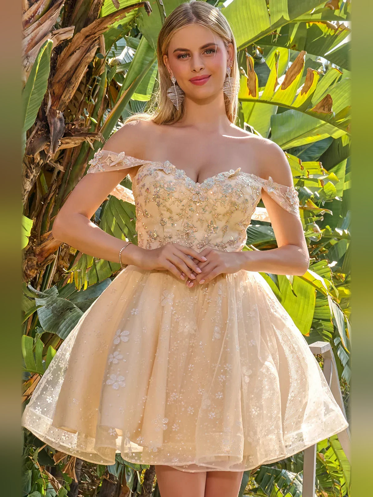 Champagne tulle mini dress with sweetheart corset bodice and floral applique tulle skirt