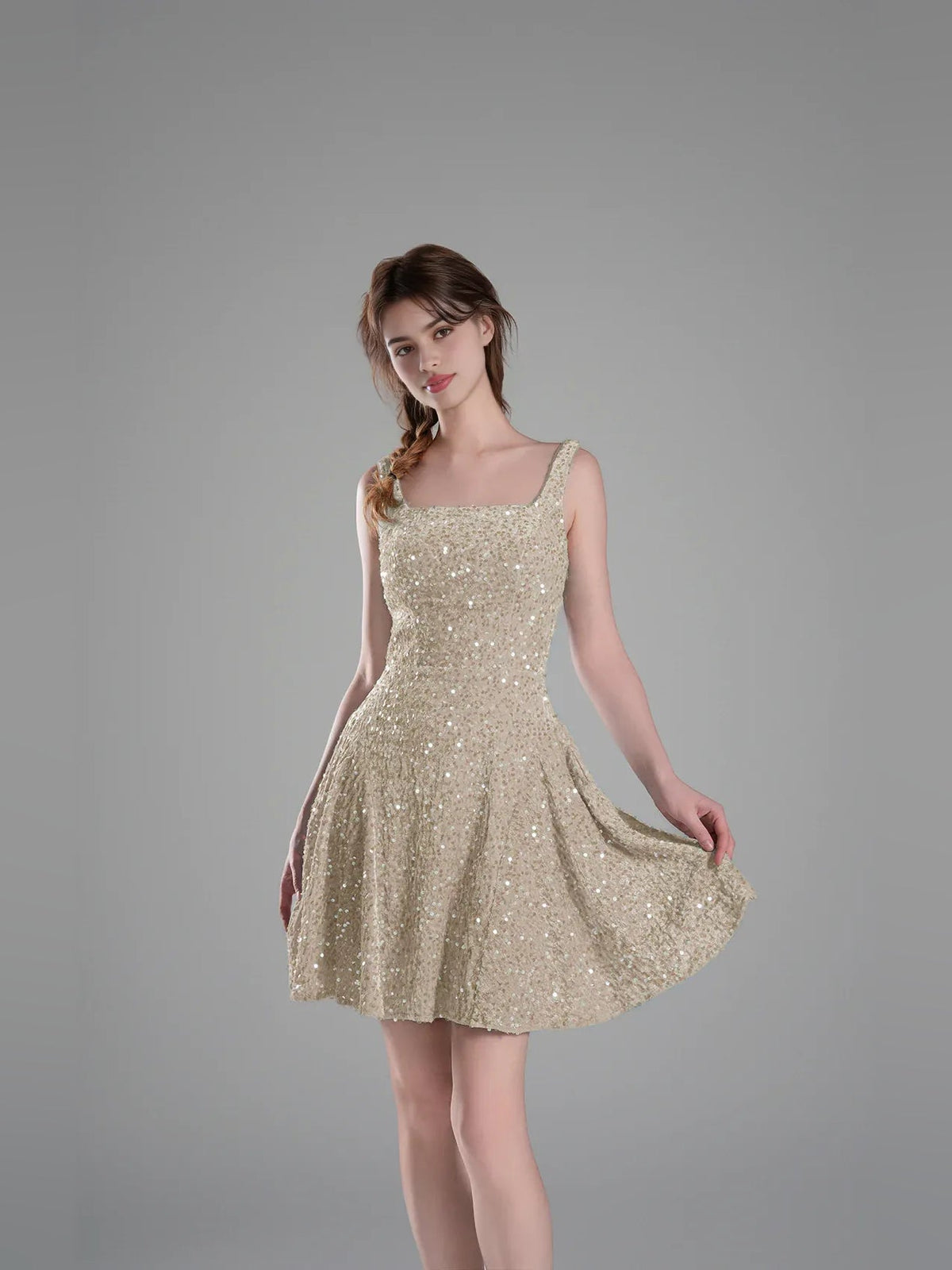 Champagne sequin square-neck A-line mini homecoming dress with thin straps