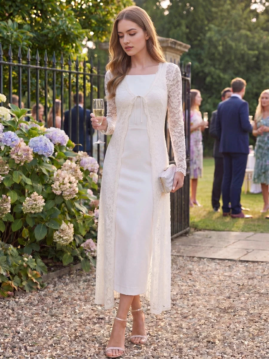 Ivory floral lace midi sheath dress with square neckline, long sleeves, fitted column silhouette.