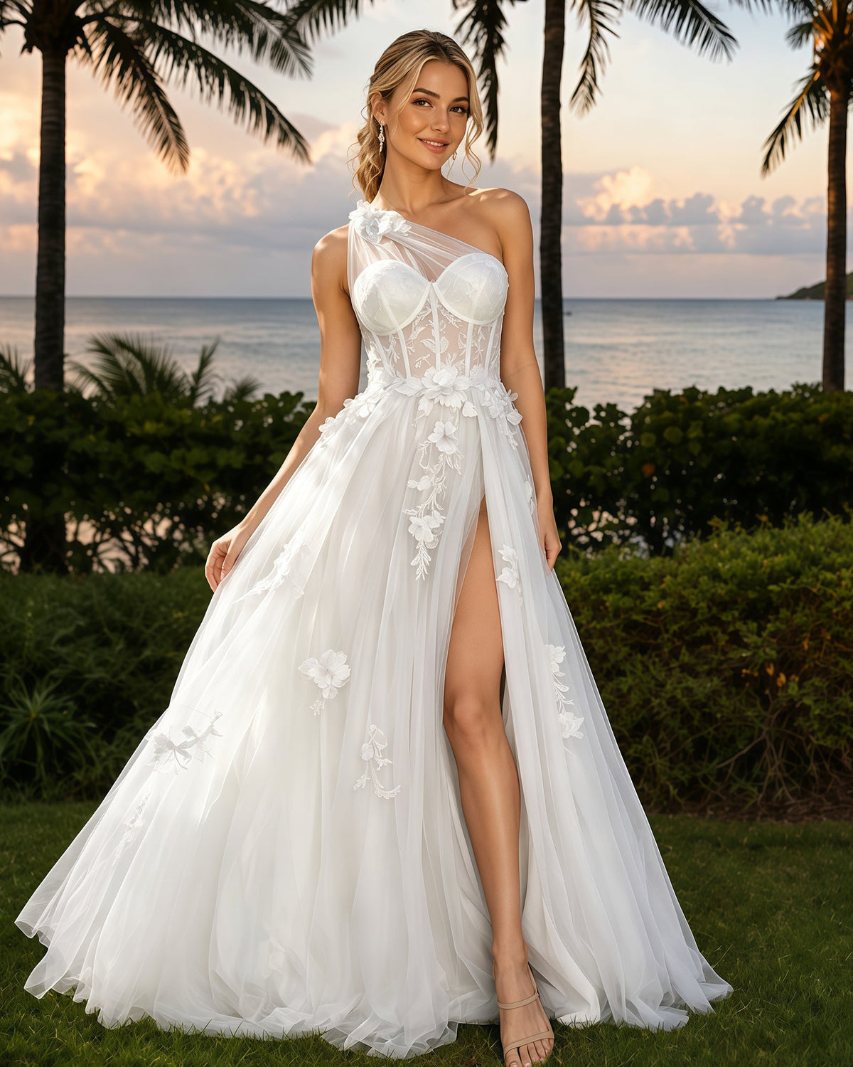 One-shoulder tulle prom dress in white with floral appliques and high slit