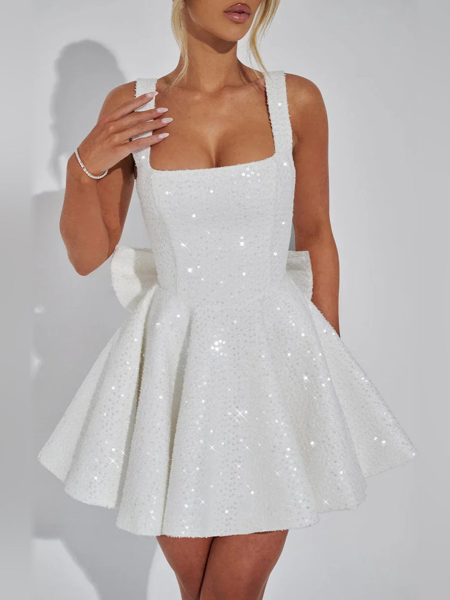 White sequin square-neck A-line mini dress with thin straps and flared skirt