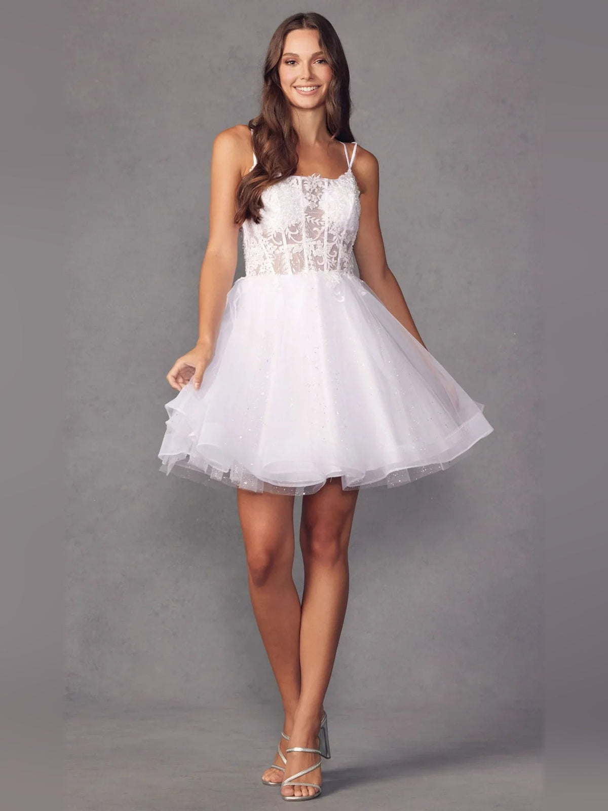 White layered tulle short dress with floral corset bodice, scoop neckline, A-line skirt