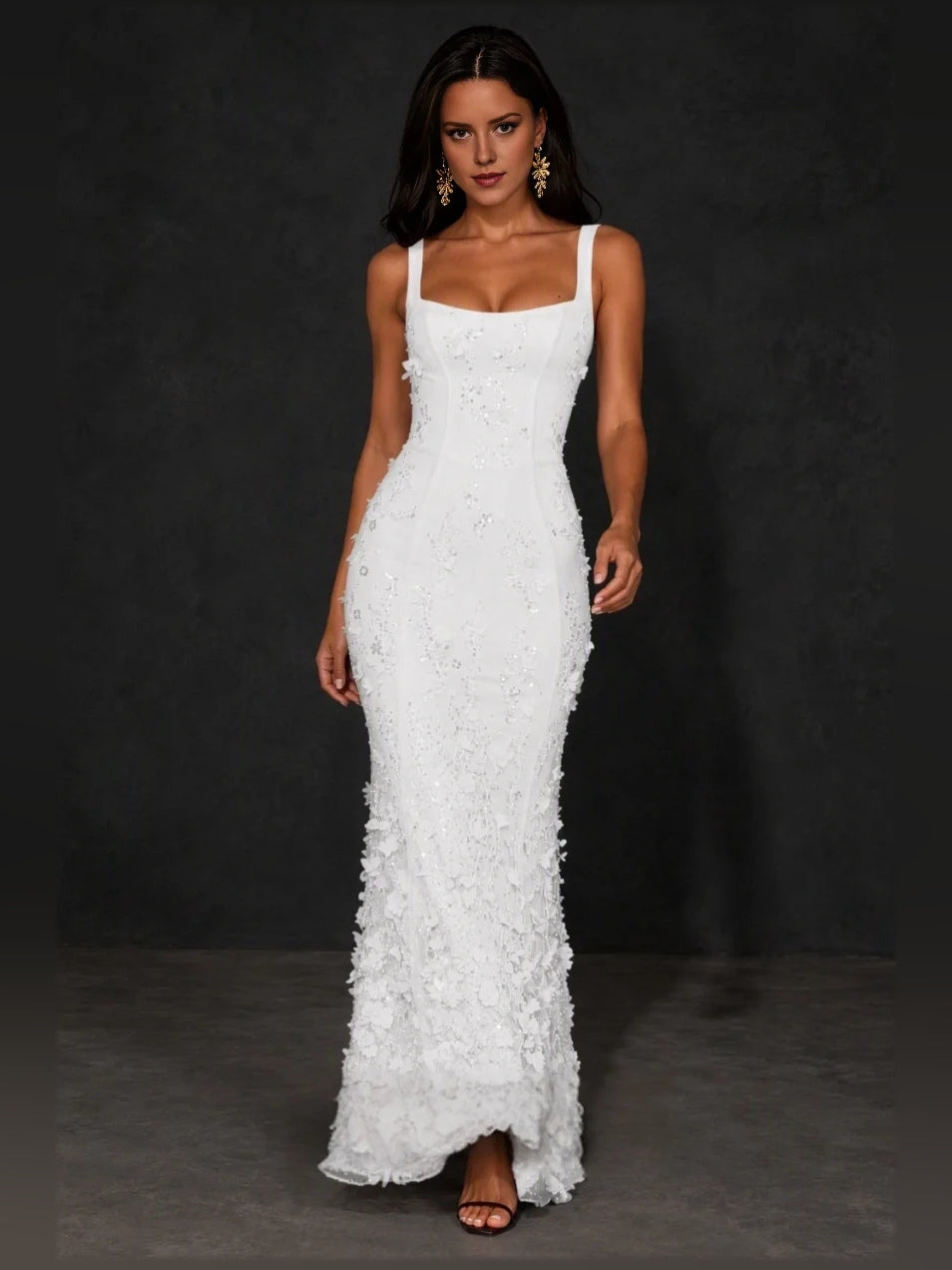 White floral square-neck corset mermaid prom dress with thin straps and lace applique
