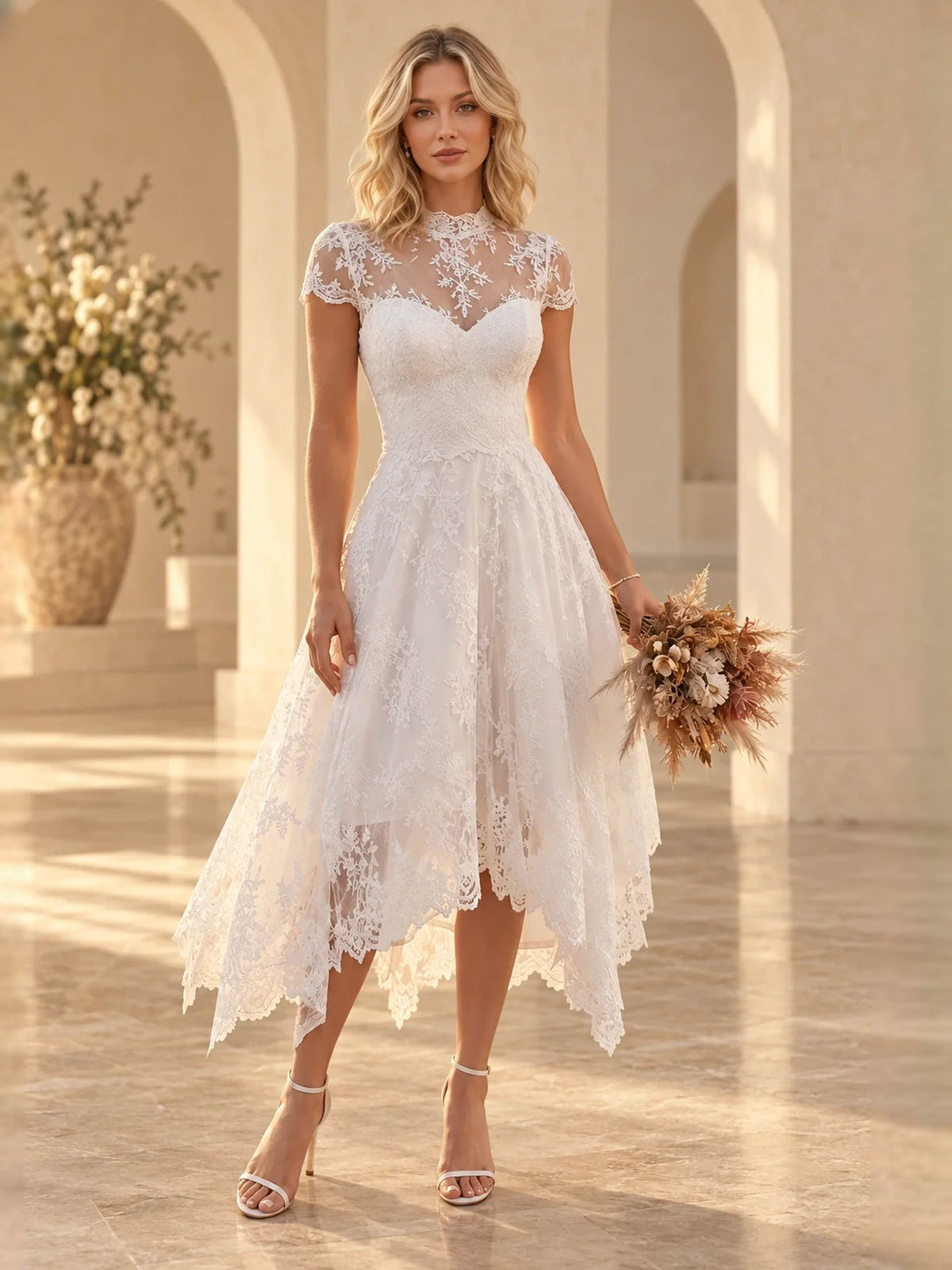 White lace tea-length wedding dress with sweetheart neckline and scalloped A-line hem