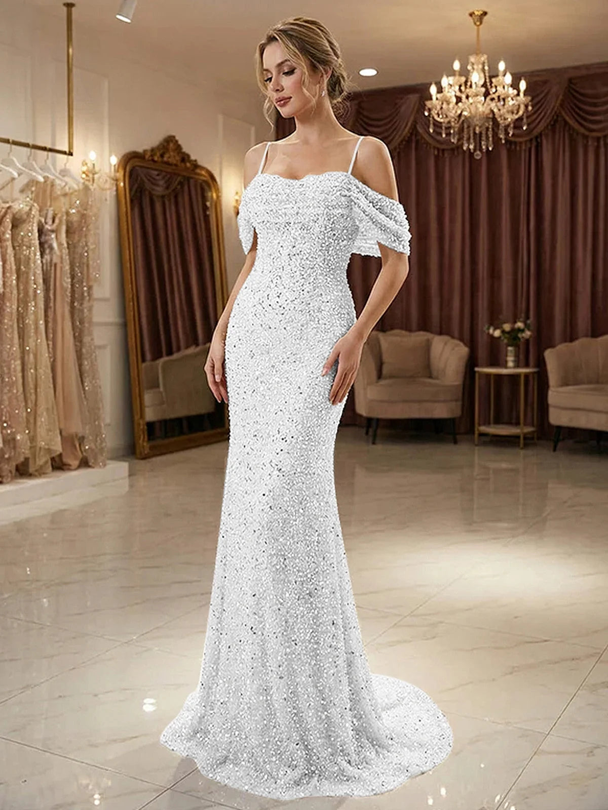 White beaded off-shoulder mermaid prom dress with ruffled neckline, floor-length.