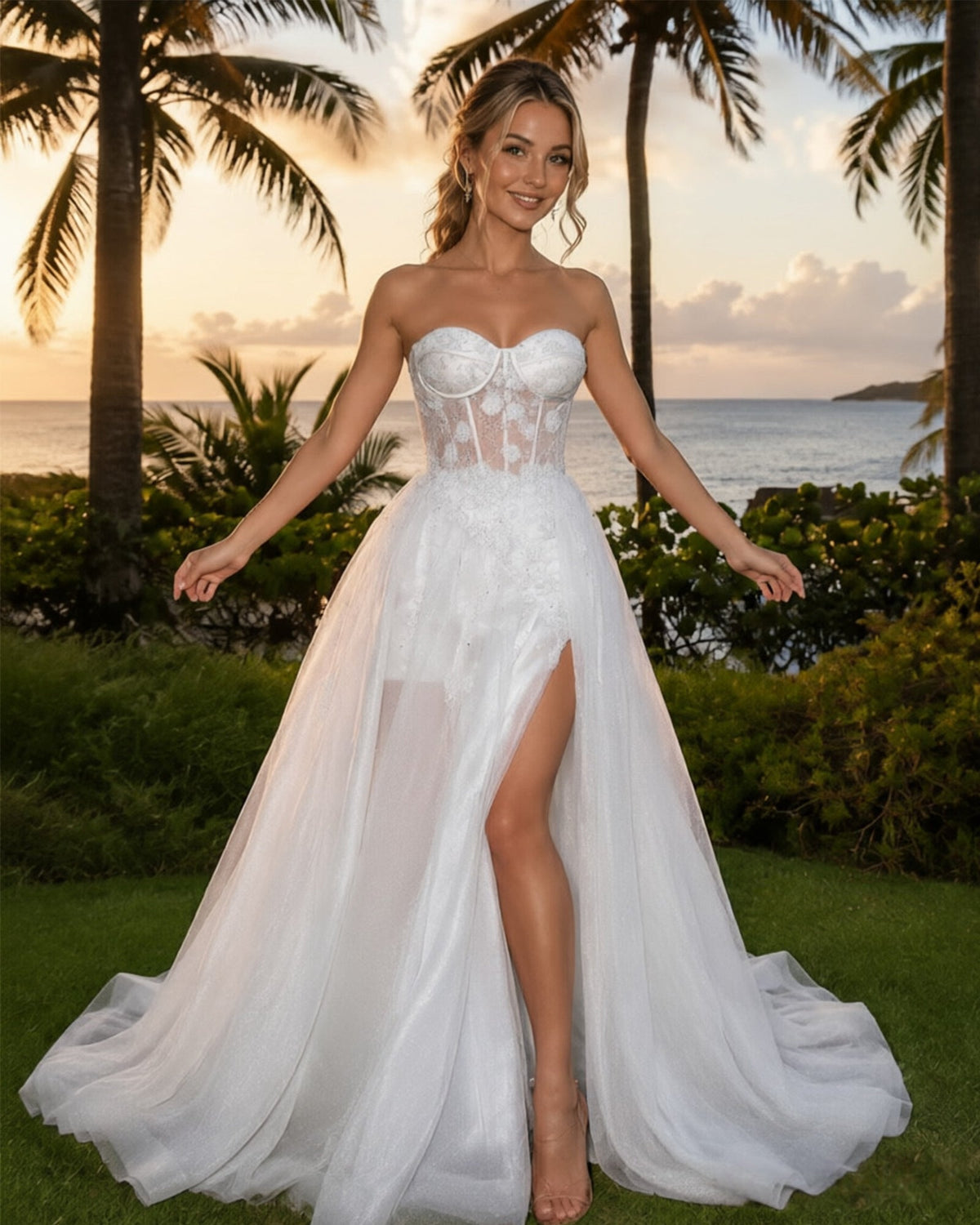 White strapless A-line prom dress with floral applique tulle, corset bodice and thigh slit
