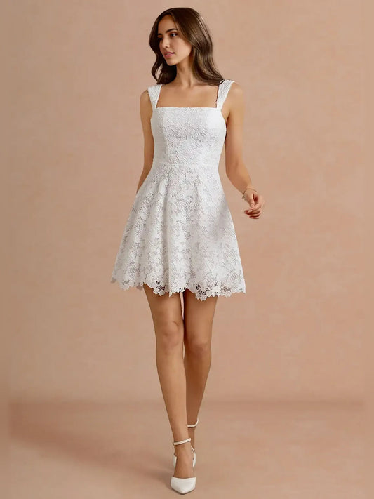 White floral lace square-neck A-line mini dress, front view with flared skirt