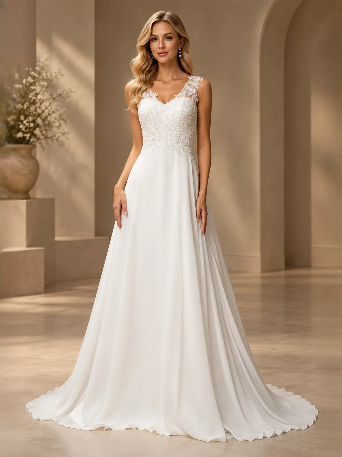 White floral lace V-neck sleeveless A-line wedding dress, floor-length and fully flared