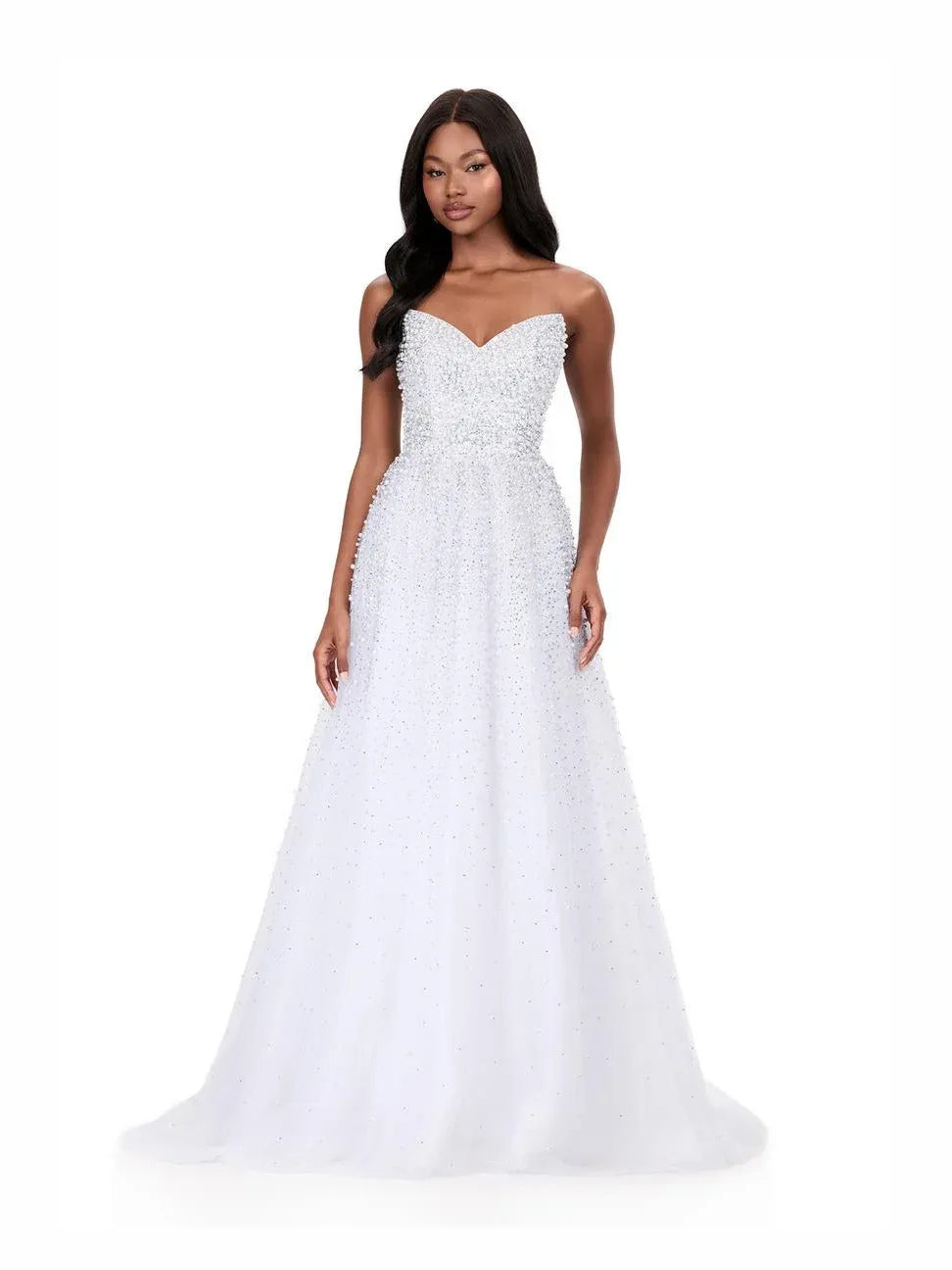 White beaded sweetheart corset A-line tulle prom dress, floor-length, soft tulle skirt