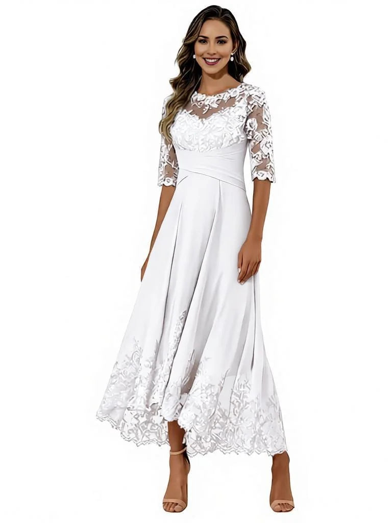 White pleated floral tea-length chiffon dress, round neck, lace sleeves, A-line