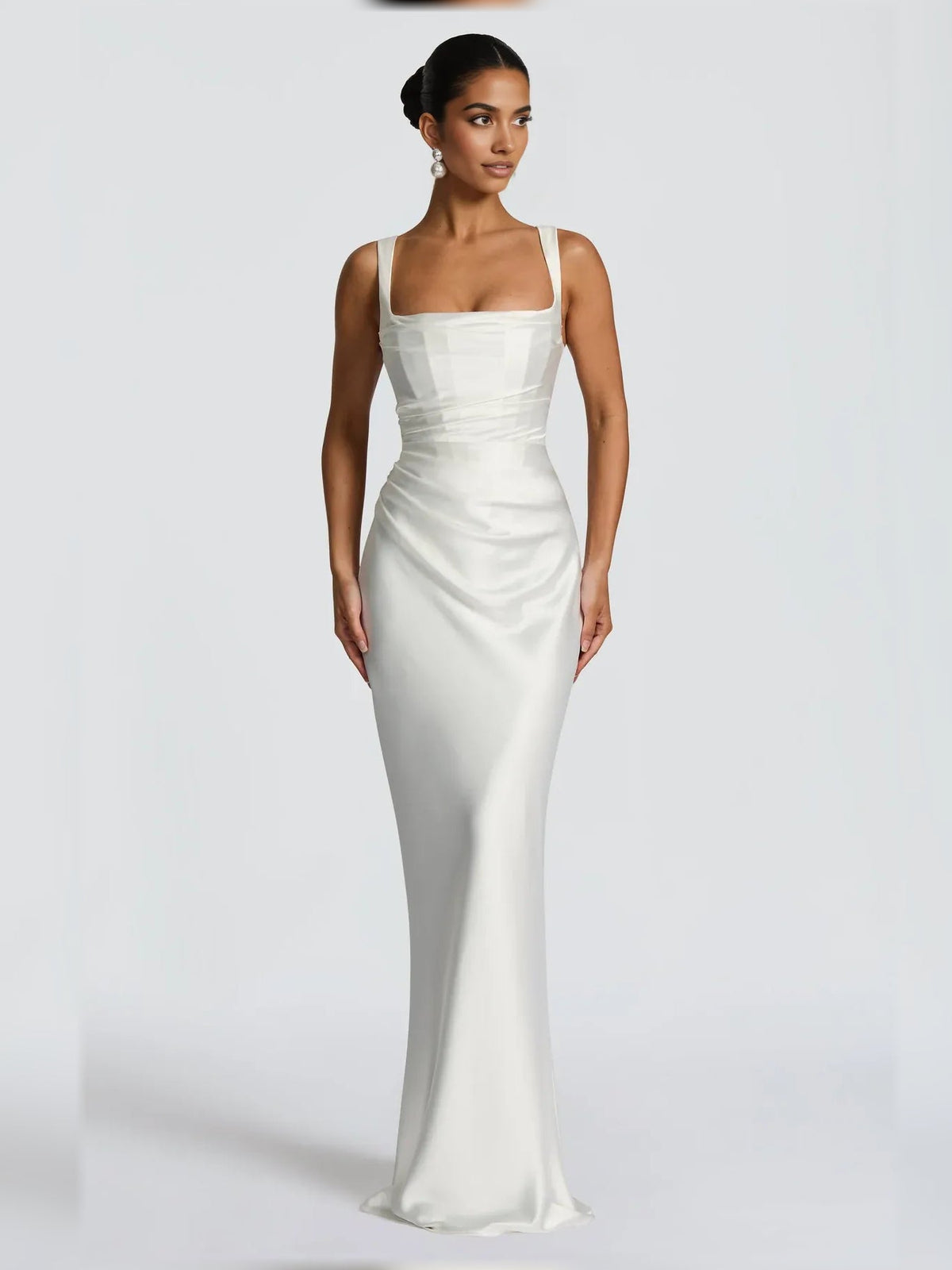White square-neck corset formal dress with ruching, sleeveless, floor-length