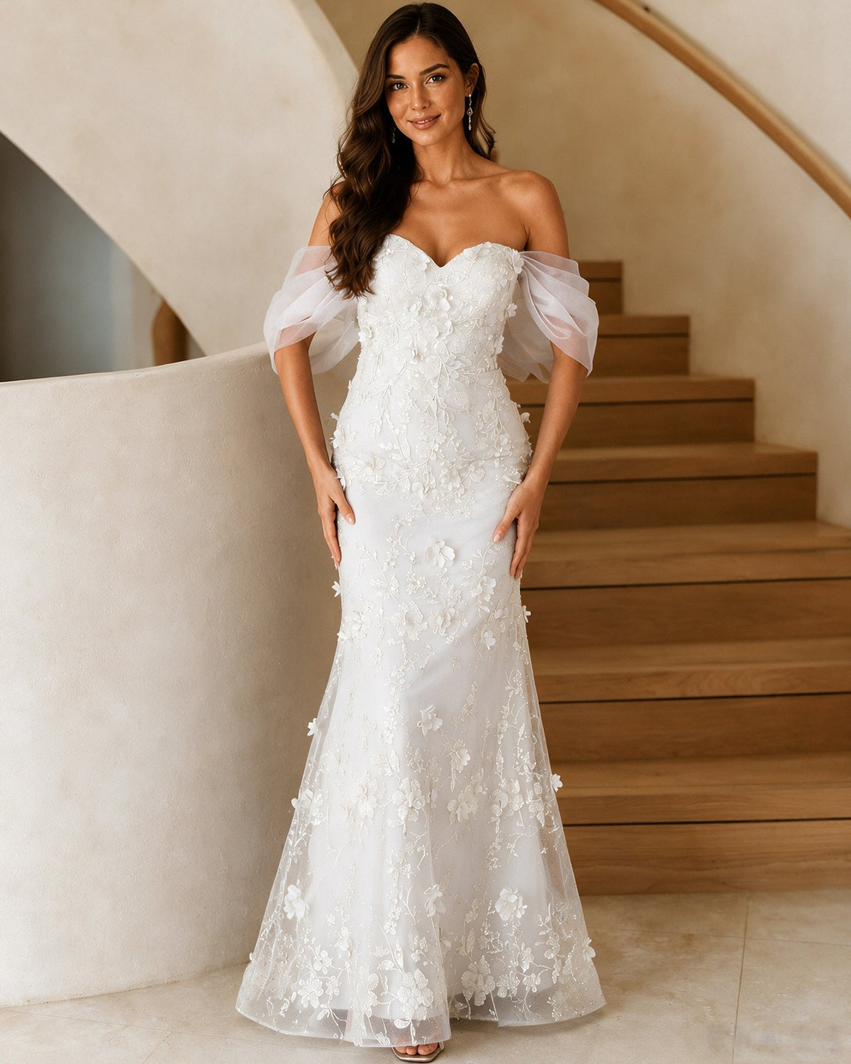 Off-shoulder sweetheart lace mermaid prom dress in white with 3D floral texture