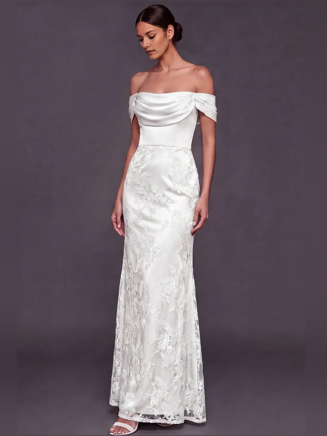 White off-shoulder mermaid satin gown with draped neckline and long floral lace overlay