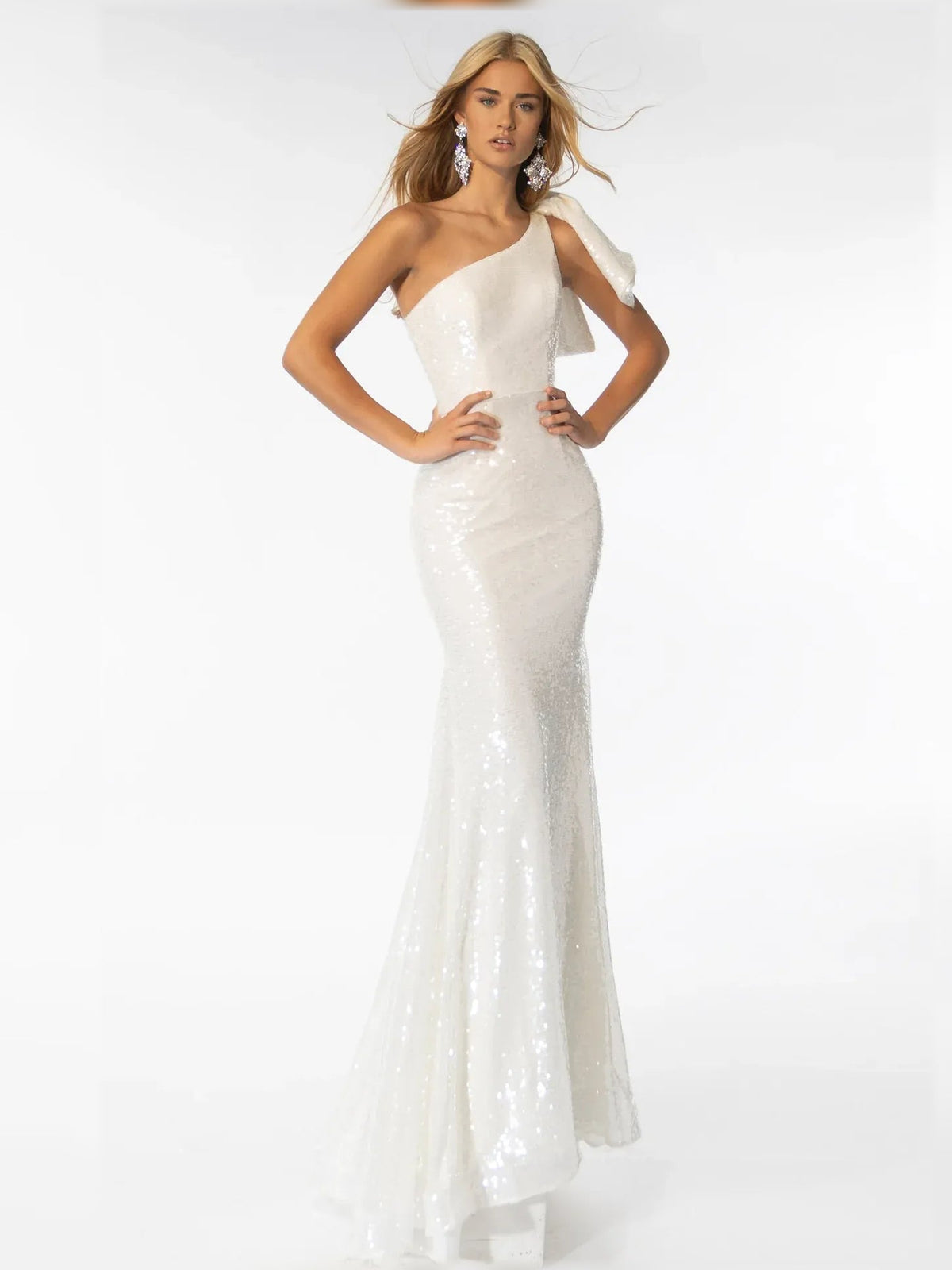 White one-shoulder sequin mermaid gown with draped neckline and long floor-length flare