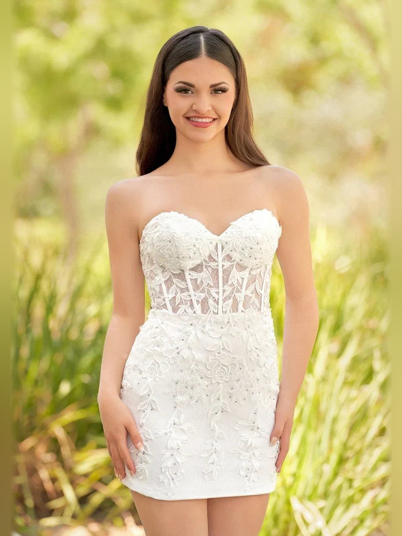 Embroidered corset-style sweetheart mini dress in white, bodycon fit