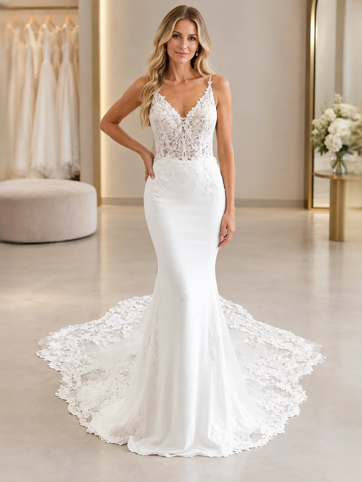 White mermaid wedding dress with floral lace V-neck and sweeping ruffle hem