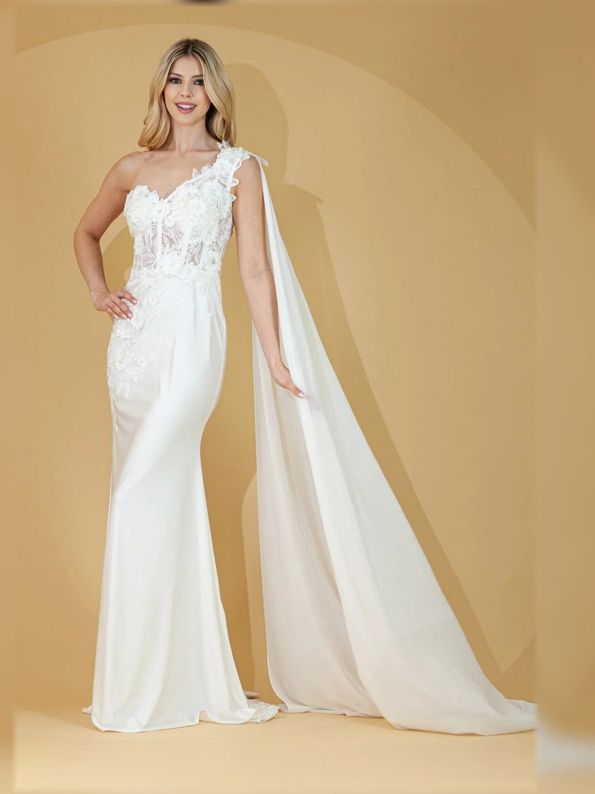 White one-shoulder mermaid formal dress with floral lace bodice and flowing train