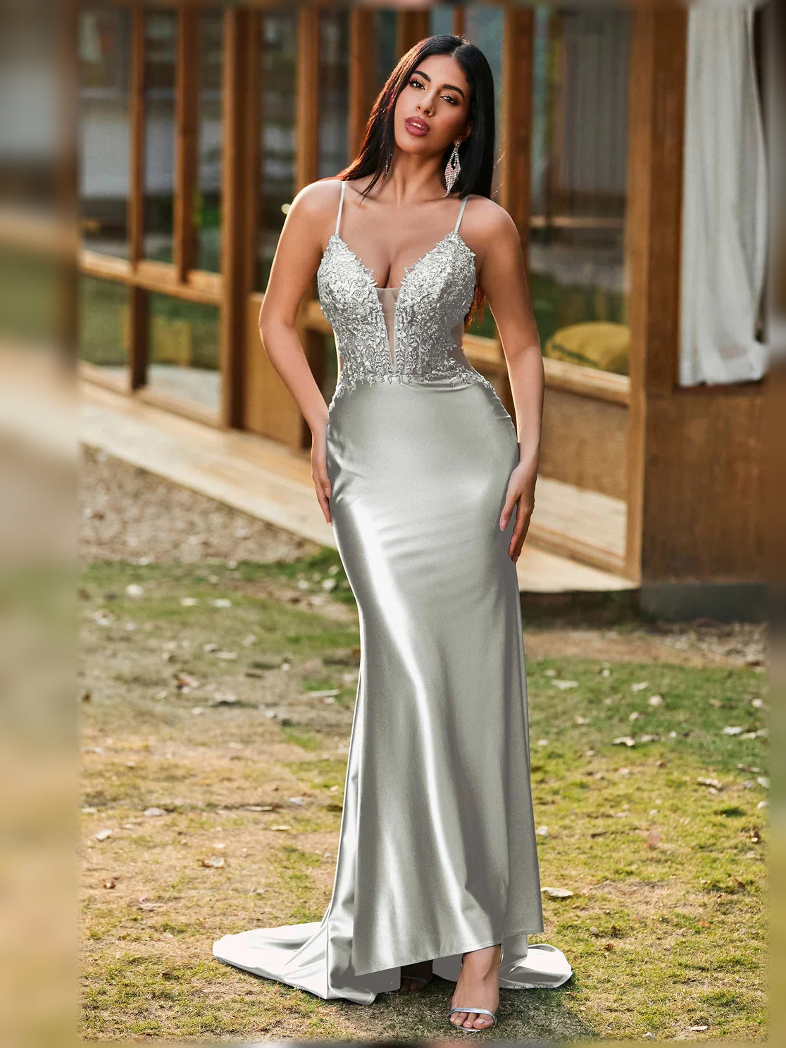 Light blue V-neck formal dress with lace bodice and spaghetti straps, mermaid silhouette