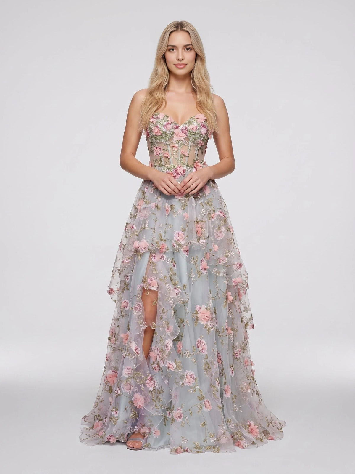 Light purple floral tulle corset prom dress with sweetheart neckline, A-line skirt, slit