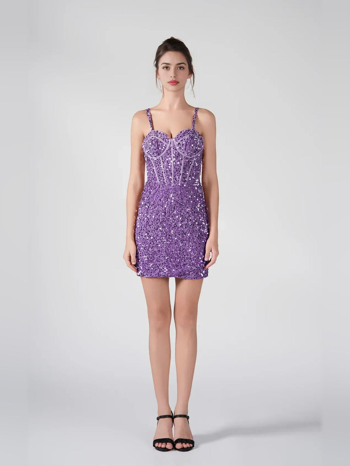 Lavender sequin mini dress with sweetheart corset bodice and thin spaghetti straps