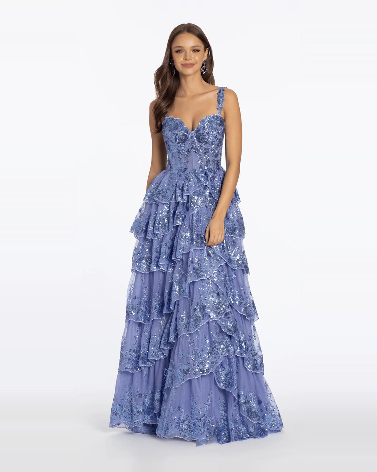 Sparkly periwinkle-blue sweetheart tiered ball-gown prom dress with layered ruffle skirt