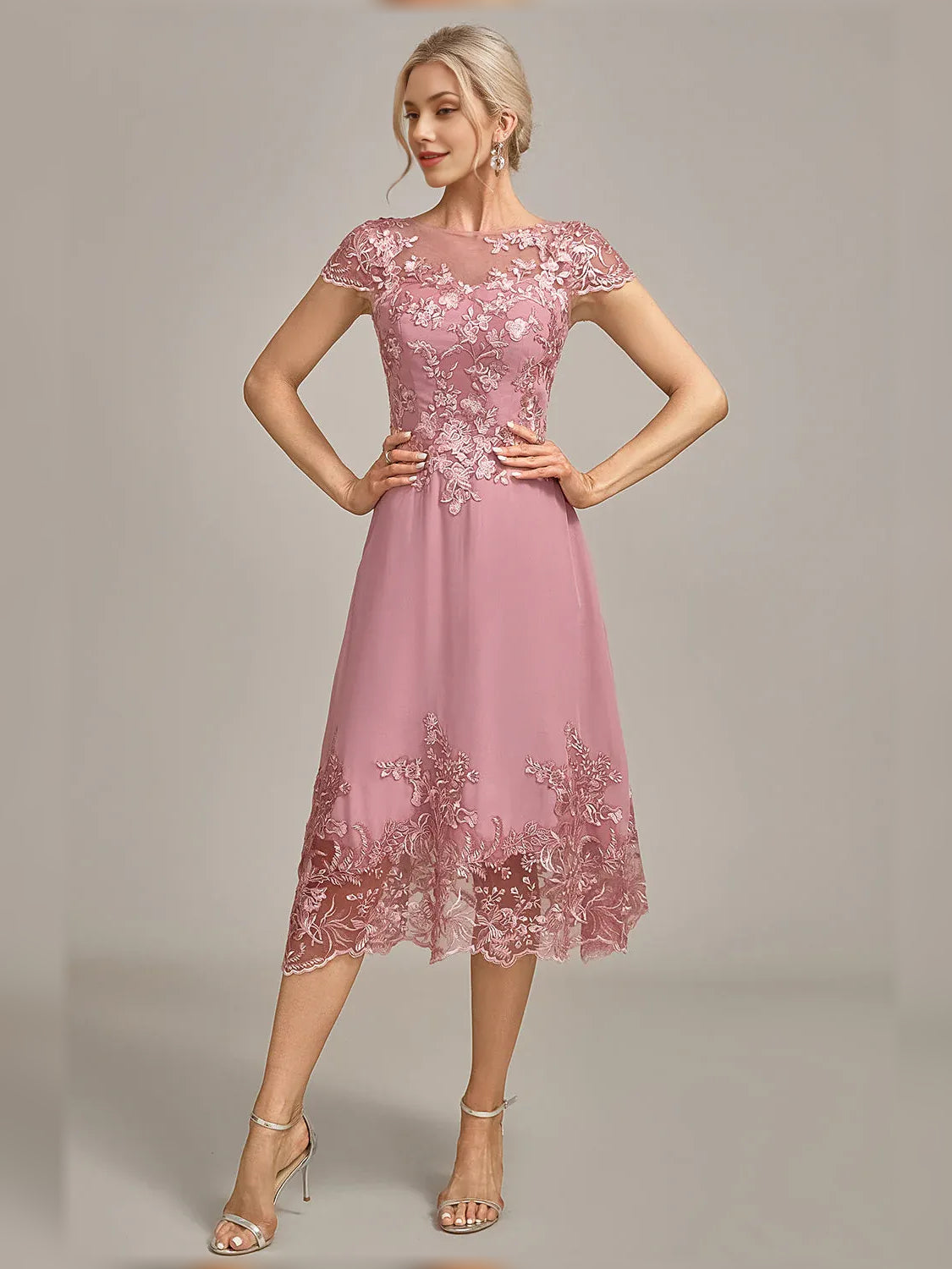 Dusty rose chiffon A-line knee-length dress with floral hem and illusion lace bodice