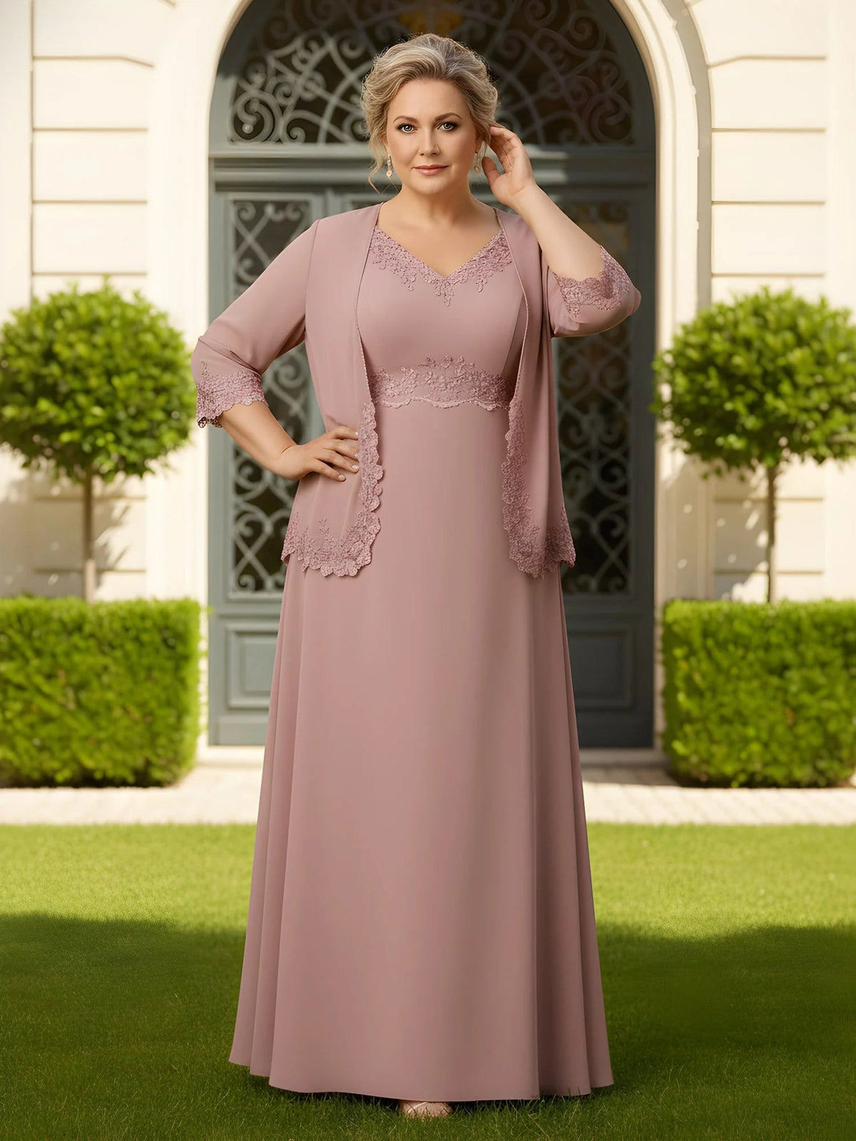 Dusty rose V-neck A-line maxi dress with lace bodice detail and chiffon sleeves