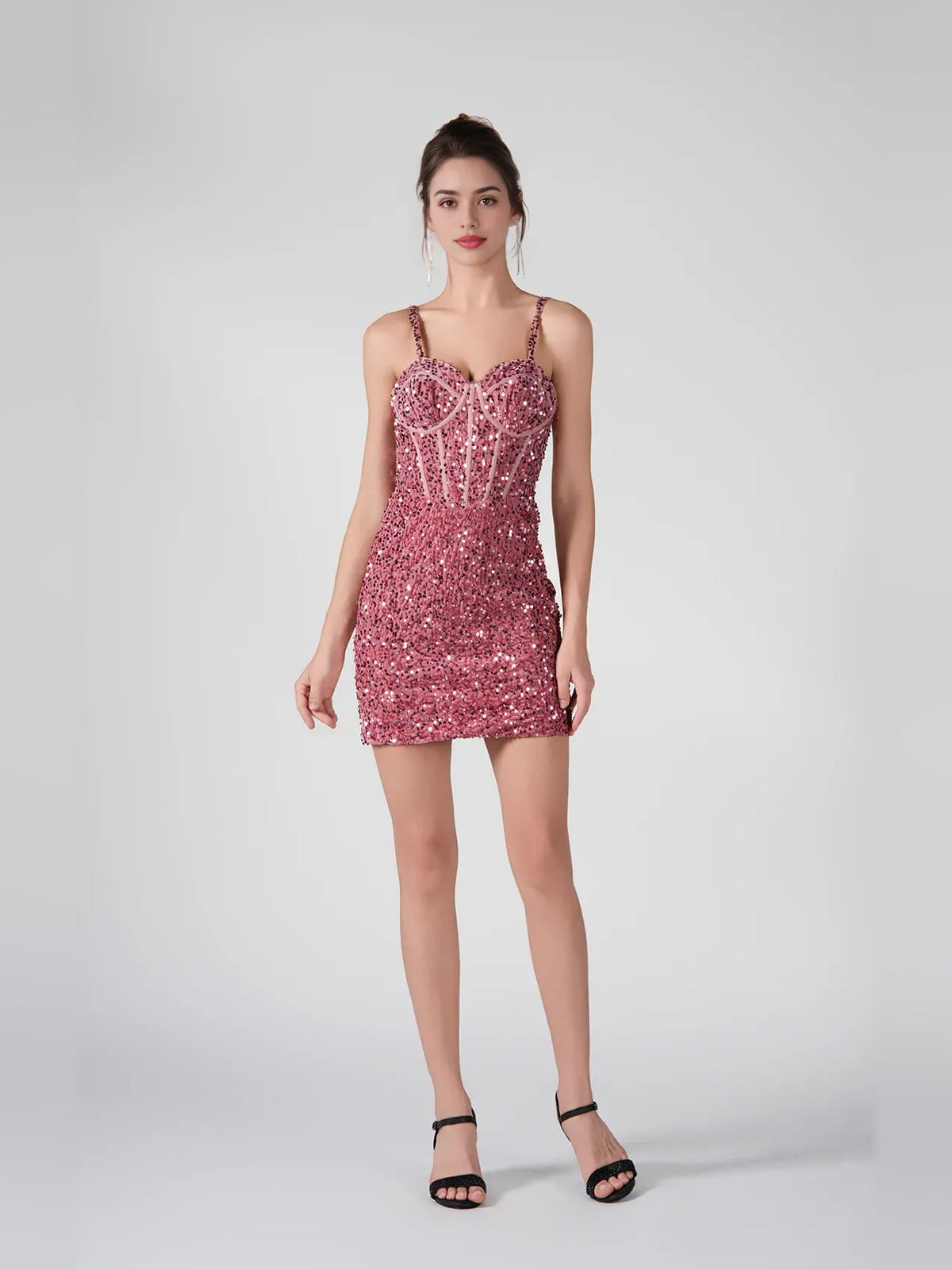 Rose gold sequin corset sweetheart mini dress with thin straps and straight hem