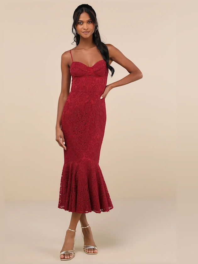 Wine red lace sleeveless midi dress with fitted bodice and flared mermaid hem