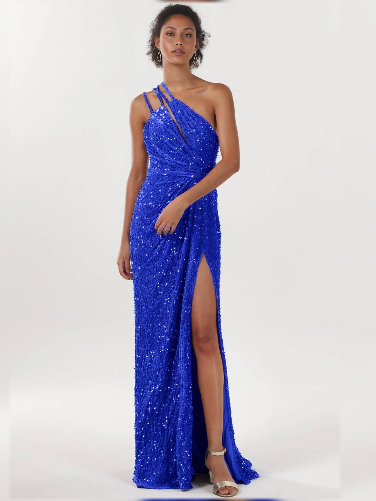 Glitter cobalt blue one-shoulder formal sheath dress with ruching and high slit