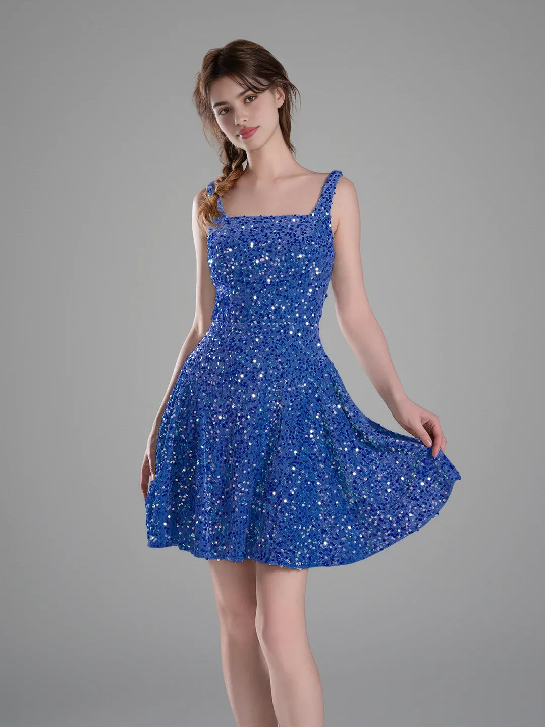 Blue sequin square-neck A-line mini homecoming dress with thin straps