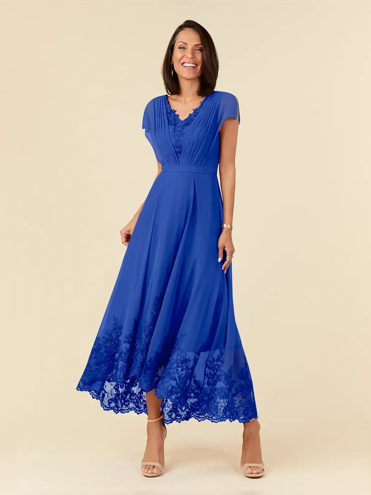 Royal blue pleated V-neck midi chiffon dress with cap sleeves and lace applique hem