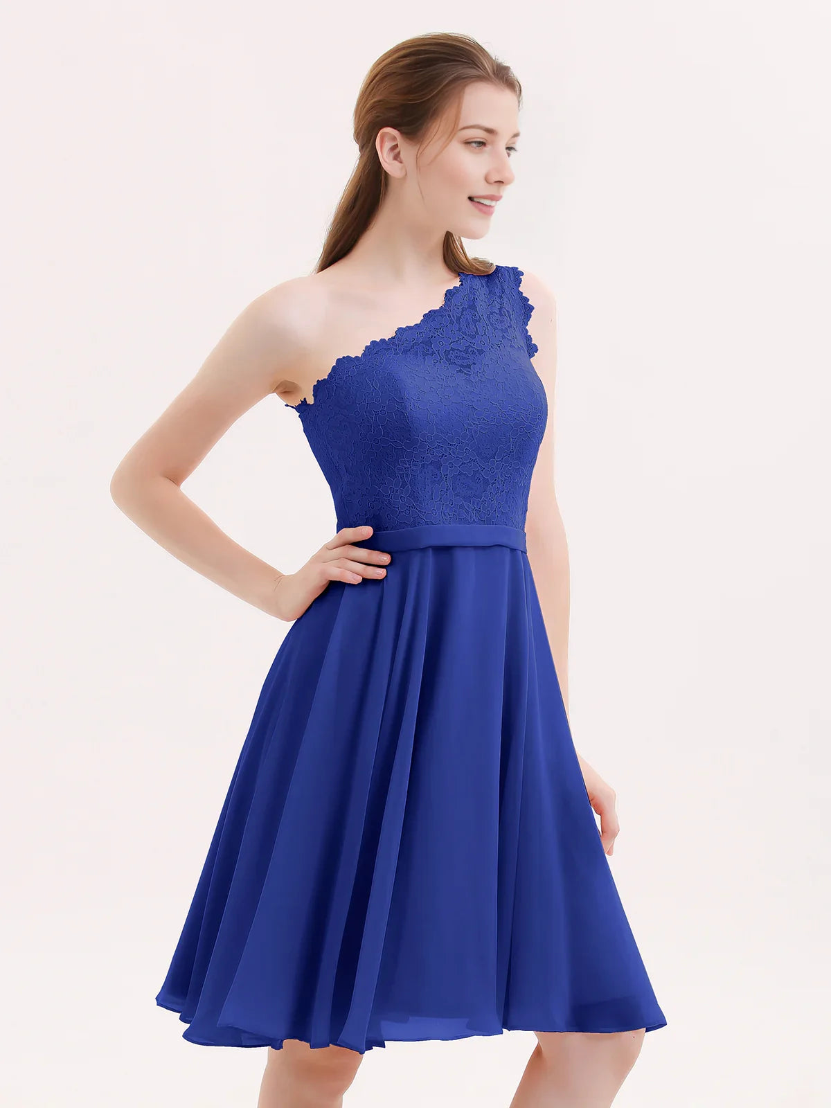 Royal blue one-shoulder A-line short chiffon homecoming dress with lace bodice