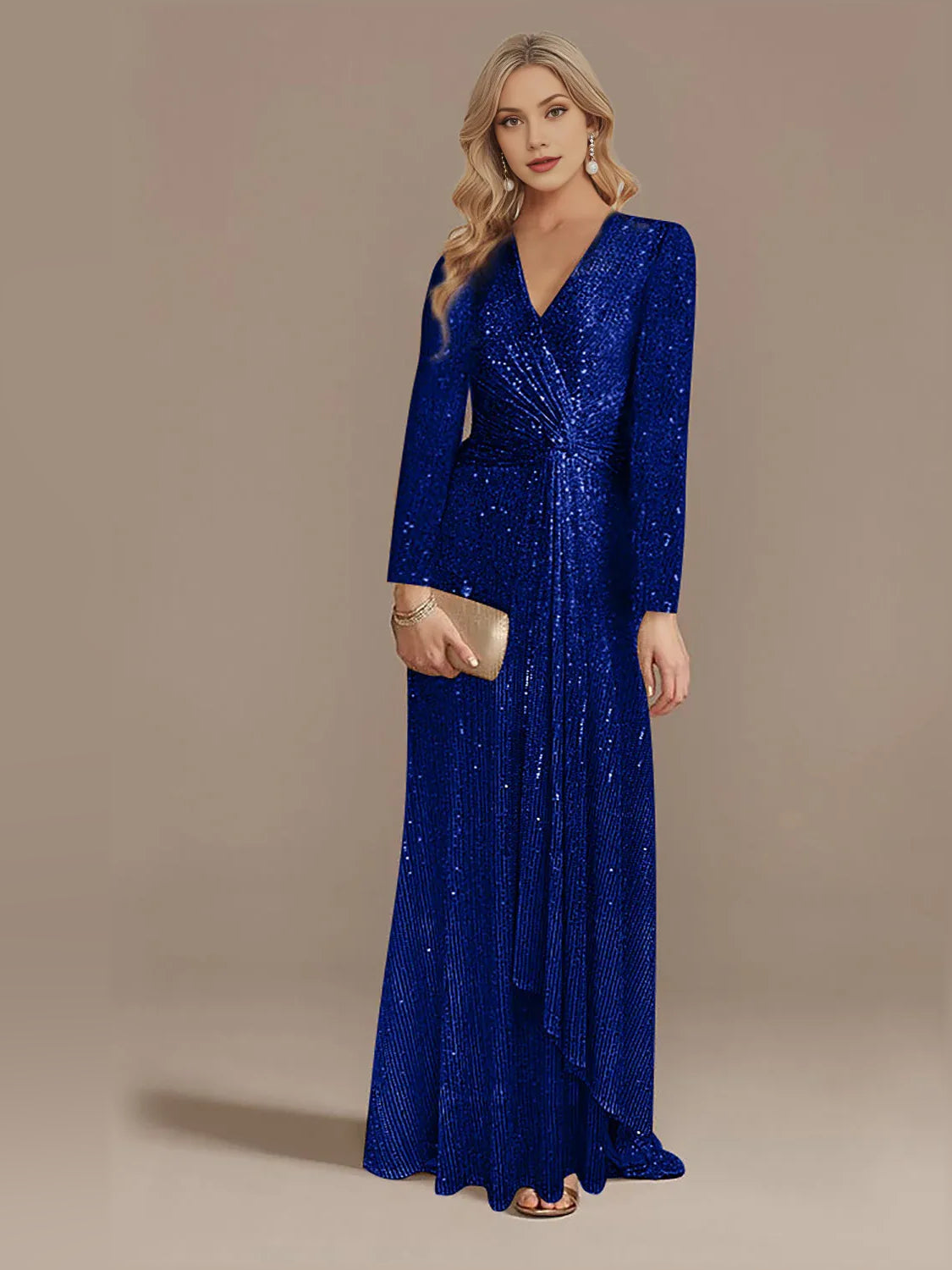 Royal blue V-neck long-sleeve formal dress with ruching detail and floor-length glitter finish