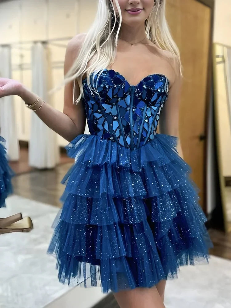 Royal blue tiered ruffled tulle mini dress with sweetheart corset bodice