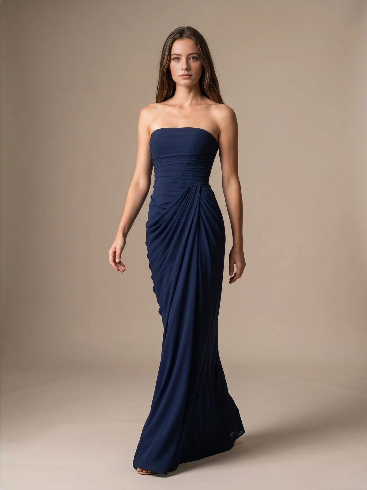 Navy strapless mermaid maxi dress with ruched draped bodice and side front slit